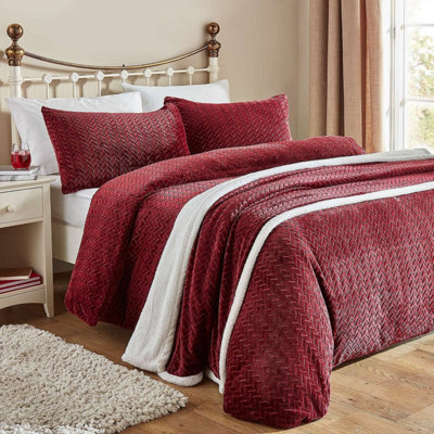 Embossed Sherpa Fleece Duvet Cover Set - Super-Soft Faux Fur With Matching Pillowcase - Single Burgundy - image 1