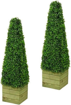 Artificial Topiary Trees Pair Pyramid Cones Outdoor Planter Decorative With Wooden Box - image 1