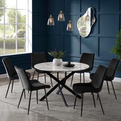 Home Detail Modena Marble Effect Dining Table & Black Velvet Almeria Chairs, 6 Seater - image 1
