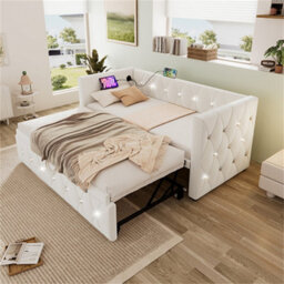 Abrihome 3Ft Single Bed 90X190Cm With Trundle, Daybed Upholstered Bed Sofa Bed With Usb &type C Charging Sations, Velvet, Beige