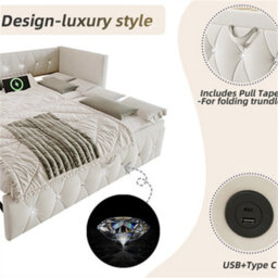 Abrihome 3Ft Single Bed 90X190Cm With Trundle, Daybed Upholstered Bed Sofa Bed With Usb &type C Charging Sations, Velvet, Beige - thumbnail 6