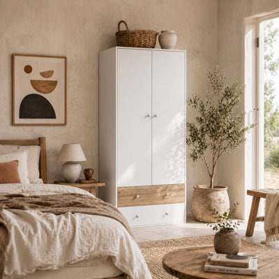 Wyld Haus Coralia White And Natural 2-Door Wardrobe With Hanging Rail And 2 Drawers - 180H X 80W X 50D Cm - image 1