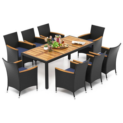 Costway 9 Pcs Outdoor Patio Rattan Dining Table Chair Set W/ Umbrella Hole-Navy - image 1