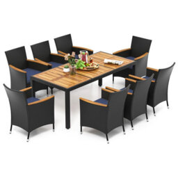 Costway 9 Pcs Outdoor Patio Rattan Dining Table Chair Set W/ Umbrella Hole-Navy - thumbnail 1