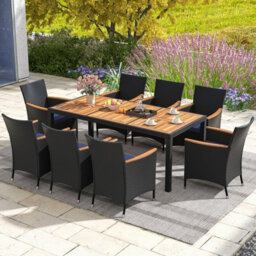 Costway 9 Pcs Outdoor Patio Rattan Dining Table Chair Set W/ Umbrella Hole-Navy - thumbnail 3