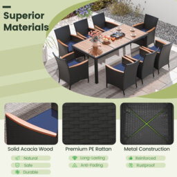 Costway 9 Pcs Outdoor Patio Rattan Dining Table Chair Set W/ Umbrella Hole-Navy - thumbnail 5