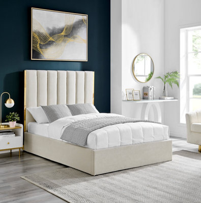 Chloe Beige Double 4Ft 6 Fabric With Gold Trim And Ottoman Storage Gas Lift Bed - image 1