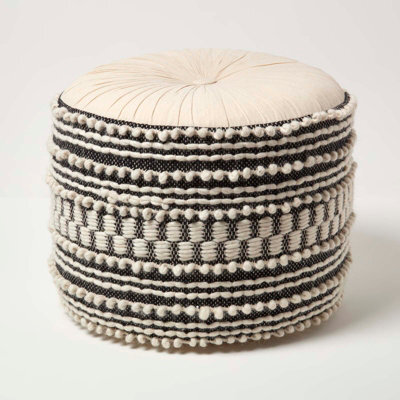 Homescapes Priya Cream & Black Macrame Boho Pouffe - image 1