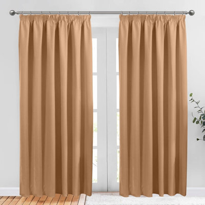 Aspire Homeware Beige Plain Blackout Curtains Room Darkening Pencil Pleat Curtain Pair (W) 168Cm X (D)228Cm With Tie Back Pair - image 1