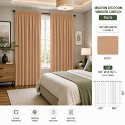 Aspire Homeware Beige Plain Blackout Curtains Room Darkening Pencil Pleat Curtain Pair (W) 168Cm X (D)228Cm With Tie Back Pair - thumbnail 9
