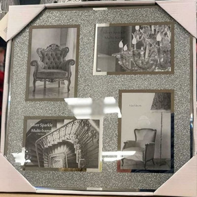 Deenz Set Of 4 Glass Photo Jewel Mirror Silver Loose Diamante Crushed Crystal Home Decor Wall Mount Table Top (4 Picture Frame)