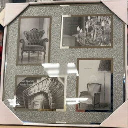 Deenz Set Of 4 Glass Photo Jewel Mirror Silver Loose Diamante Crushed Crystal Home Decor Wall Mount Table Top (4 Picture Frame)