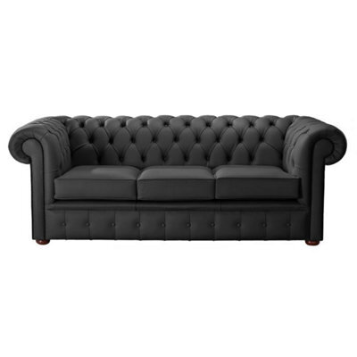 Chesterfield 3 Seater Shelly Black Real Leather Sofa Bespoke In Classic Style - image 1