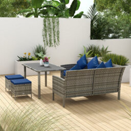Outsunny 5Pcs Rattan Dining Corner Sofa Set, Garden Furniture Set, Dark Blue - thumbnail 9