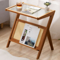 Thehotsale Small Bamboo End Table Clear Ribbed Tabletop Camping Fishing Brown - thumbnail 2