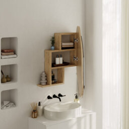 Decortie Cloudy Unique Mirrored Bathroom Cabinet Wall Mount Storage Cabinet With One Mirror Door, Oak - thumbnail 4