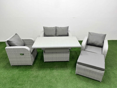 Fimous Light Grey Pe Wicker Rattan Garden Furniture Set Sofa Set Reclining Chair Adjustable Lifting Table 5 Seater Footstool - image 1