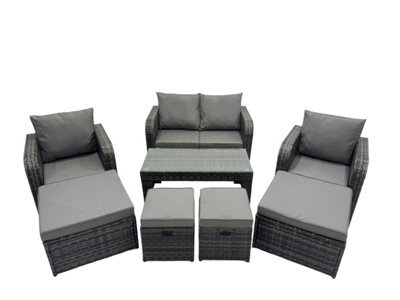 Fimous 3 Seater Sofa Reclining Chair Coffee Table Set Rattan Garden Outdoor Furniture Set With 4 Stool Dark Grey Mixed - image 1