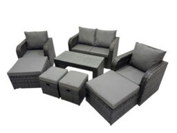 Fimous 3 Seater Sofa Reclining Chair Coffee Table Set Rattan Garden Outdoor Furniture Set With 4 Stool Dark Grey Mixed - thumbnail 2