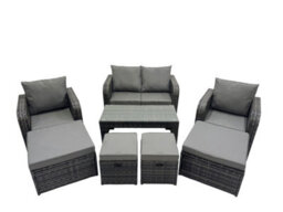 Fimous 3 Seater Sofa Reclining Chair Coffee Table Set Rattan Garden Outdoor Furniture Set With 4 Stool Dark Grey Mixed - thumbnail 1