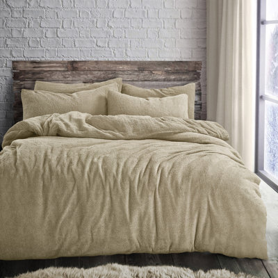 Velosso Teddy Fleece Duvet Cover & Pillowcase Set - Button Enclosure, Machine Washable Bedroom Essentials - Taupe