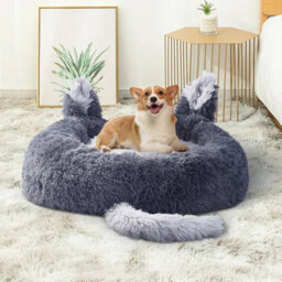 Living And Home Grey Round Plush Pet Dog Cat Calming Bed With Cute Ears 70 Cm - thumbnail 3