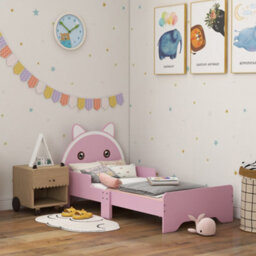 Zonekiz Toddler Bed Frame Cat Design Kids Bed With Guardrails - Pink - thumbnail 2
