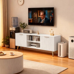Modern Tv Stand Cabinet With Storage Shelves Matt White Tv - thumbnail 3
