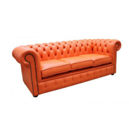 Chesterfield 3 Seater Shelly Flamenco Orange Real Leather Sofa Bespoke In Classic Style - thumbnail 3