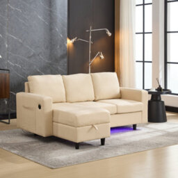 Btm L Shaped Couch Sofa With Storage, 3 Seater Sleeper Couch With Usb And Led, Convertible Sectional Sofa, Beige 180X119X72Cm - thumbnail 2