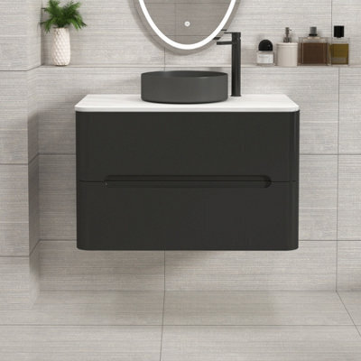 Royal Bathrooms Venice 800mm Matt Nocturne Black Wall Mounted Bathroom Countertop Vanity Unit 2 Drawer With Art Round Basin - image 1