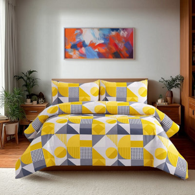 Duvet Cover And Pillowcase Set Trendy Shape Printed Design Polycotton Bed Linen Yellow - image 1