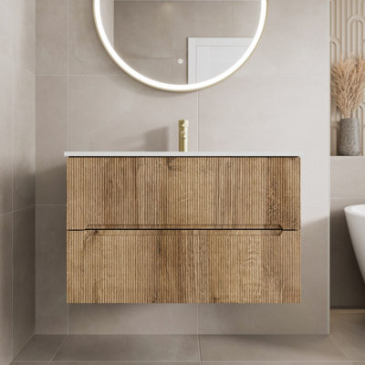 Affine 800mm Bathroom Cloakroom Vanity Unit Basin Sink Wall Hung Fluted Oak Fluted Unit - image 1