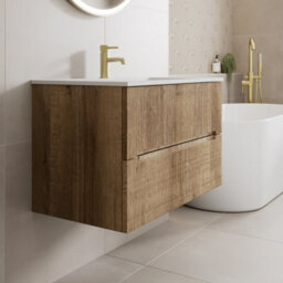 Affine 800mm Bathroom Cloakroom Vanity Unit Basin Sink Wall Hung Fluted Oak Fluted Unit - thumbnail 2