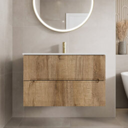 Affine 800mm Bathroom Cloakroom Vanity Unit Basin Sink Wall Hung Fluted Oak Fluted Unit - thumbnail 1