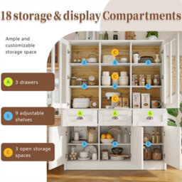 Abrihome Tall Cabinets, Display Cabinet, Kitchen Cabinet, Dining Room Cabinet With Drawers, Freestanding Display Cabinet, White - thumbnail 2