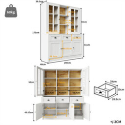 Abrihome Tall Cabinets, Display Cabinet, Kitchen Cabinet, Dining Room Cabinet With Drawers, Freestanding Display Cabinet, White - thumbnail 5