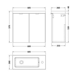 Hudson Reed Fusion Wall Hung 2 Door Vanity Unit & Polymarble Basin, Stylish Sink Vanity Unit, Gloss Grey, 600mm - thumbnail 5