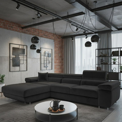 Torezio Mini Black Left Corner Sofa Bed With Storage Adjustable Headrests Freestanding Back 280X170Cm - image 1