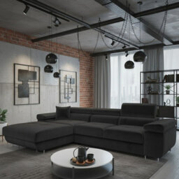Torezio Mini Black Left Corner Sofa Bed With Storage Adjustable Headrests Freestanding Back 280X170Cm - thumbnail 1