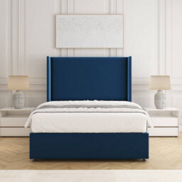 Bsspoke Austin Divan Bed Set Blue Plush Velvet 54Inch Wingedback Headboard & Mattress & No Drawers In 3Ft 4Ft 4Ft6 5Ft 6Ft - thumbnail 1