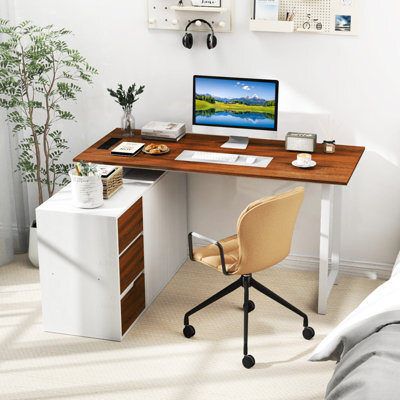 Costway L-Shaped Desk With File Cabinet Reversible Corner Computer Desk With 3 Drawers - image 1