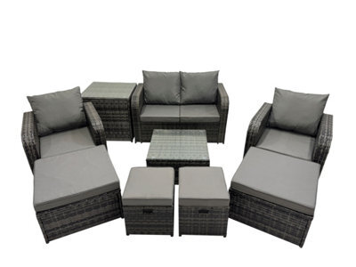 Fimous Rattan Garden Outdoor Furniture Set Love Sofa Reclining Chair Square Coffee Table Set With 4 Stools Side Table - image 1