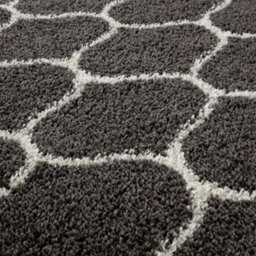 The Rugs Moroccan Shaggy Rugs And Runners Soft Fluffy Trellis Design High Pile Dark Grey And Ivory Living Room Kitchen Hallway 640 - thumbnail 2