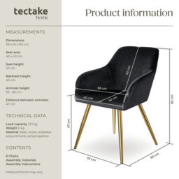 Tectake Set Of 6 Chair Marilyn With Velvet Cover, Gold Steel Legs And Plush Padding  - Black/gold - thumbnail 6