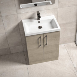 Balterley Bramshall Contemporary Bathroom Floor Standing 2-Door Vanity & Mid-Edge Basin, Solace Oak, 600mm - thumbnail 4