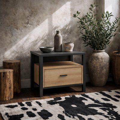 Wyld Haus Egtved Black And Natural Oak Wood Effect Bedside 1 Drawer - image 1
