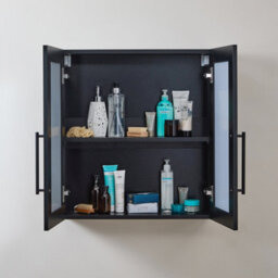 Homestylestore 600 X 650mm Black Grey Wall Mounted Mirrored Door Bathroom Cabinet And Black T Bar Handles - thumbnail 2