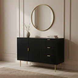 Ohs Ribbed Sideboard Table Modern Drawer Shelf Cabinet Storage - Black - thumbnail 2