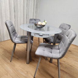 Kosy Koala Round Glass Grey Kitchen Dining Table With Storage Shelf And 4 Grey Tufted Velvet Chairs Kitchen Dining Set - thumbnail 3